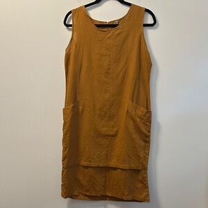 Field Women’s Mustard Sleeveless Tiered 100% Linen Pocket Dress Sz L